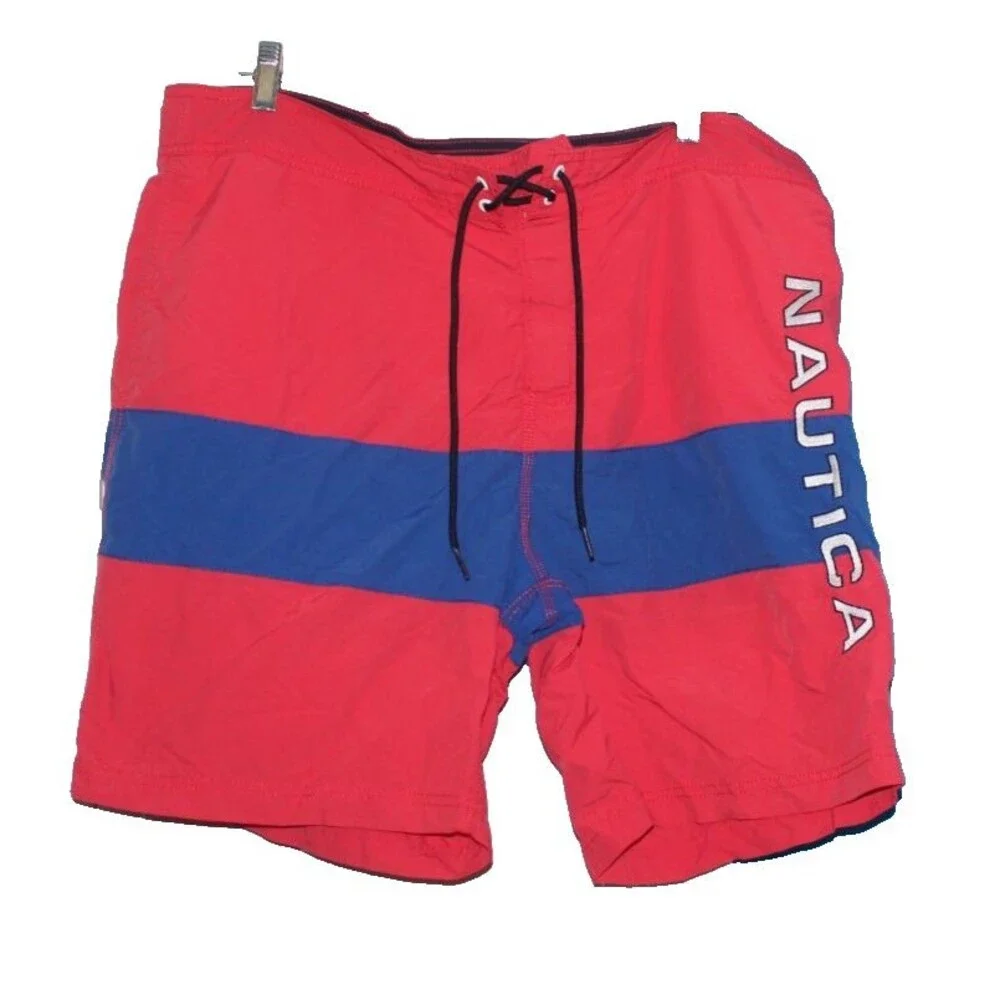 Men's Nautica Size XL Blue Red Color Block Pockets Drawstring Nylon Swim Trunks